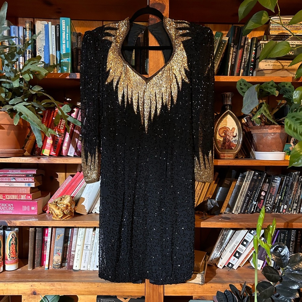 Beaded Oleg Cassini Long Sleeve Sheath Dress